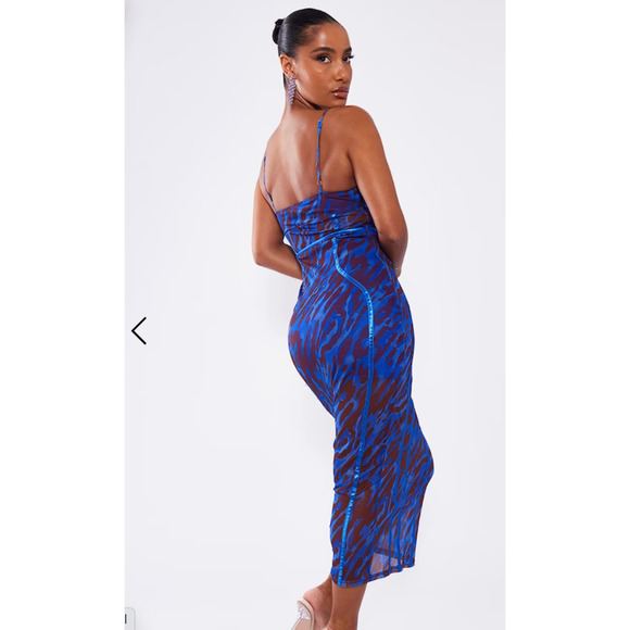 *NWT* Pretty Little Thing Blue Leopard Print Mesh Binding Midaxi Dress Sz S US 4 - Picture 2 of 12